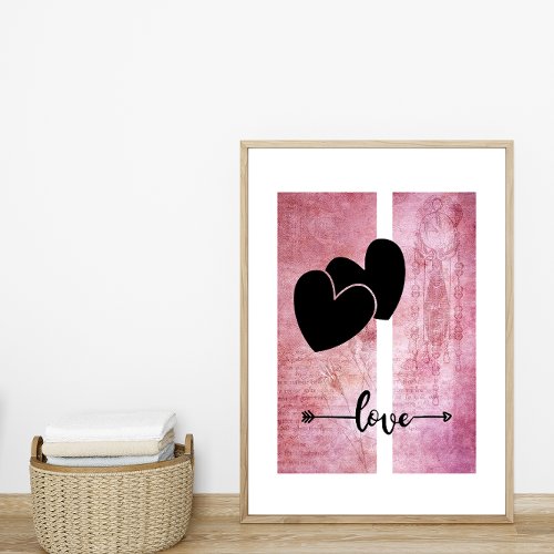 Minimal Two Hearts Love Arrow Deep Pink Background Poster