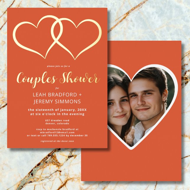 Minimal Two Hearts Orange Couples Shower Photo Foil Invitation (Minimal Two Hearts Orange Couples Shower Photo Foil Invitation)