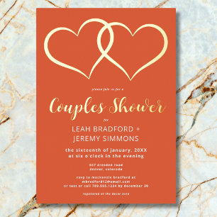 Minimal Two Hearts Sunset Orange Couples Shower Foil Invitation