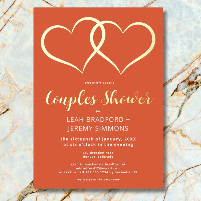 Minimal Two Hearts Sunset Orange Couples Shower Foil Invitation (Minimal Two Hearts Sunset Orange Couples Shower Foil Invitation)