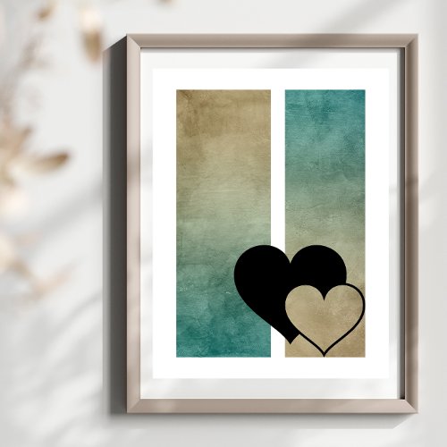 Minimal Two Hearts Turquoise Taupe Background  Poster