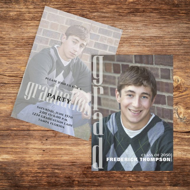 Minimal Two Photo Graduation Announcement (Elegant graduation postcard with flowing script and senior portrait focus.)