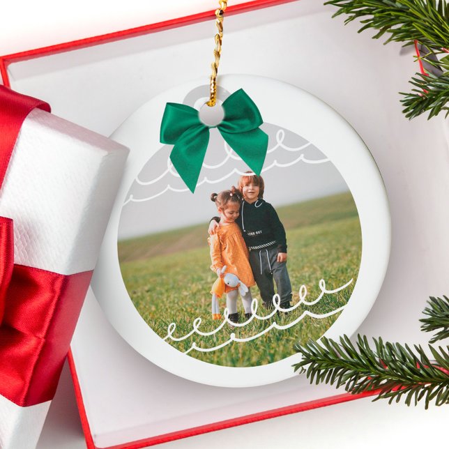 Minimal Two Photo Green Bow Family Photo Ceramic Ornament (Minimal Two Photo Green Bow Family Photo Ceramic Ornament)