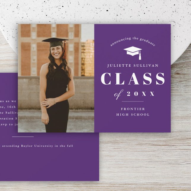 Minimal Type Photo Graduation Party Invitation (Minimal type purple photo graduation invitations.)