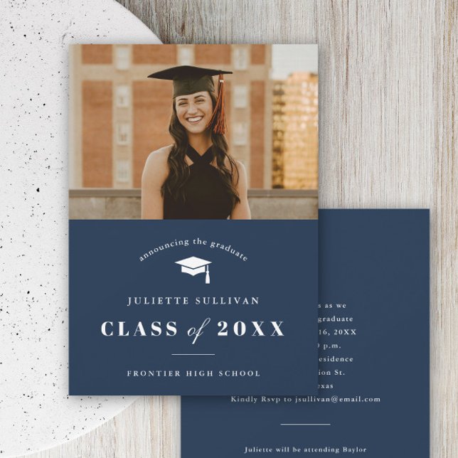 Minimal Type Photo Graduation Party Invitation (Simple typography navy blue photo graduation invitation.)