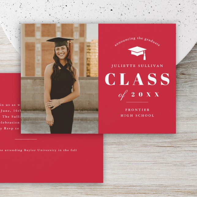 Minimal Type Photo Graduation Party Invitation (Red Photo graduation invitation announcement card.)