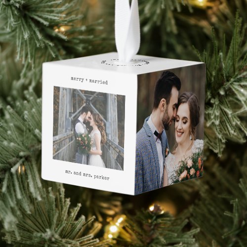 Minimal Typewriter  Merry and Married Multi Photo Cube Ornament