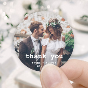 Minimal Typewriter Simple Photo Wedding Thank You Classic Round Sticker