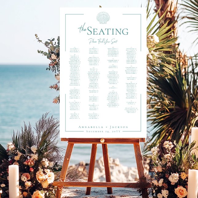 Minimal Typography Aqua & White Seashell Seating Foam Board (Minimal Typography Aqua & White Seashell Wedding Seating Sign)
