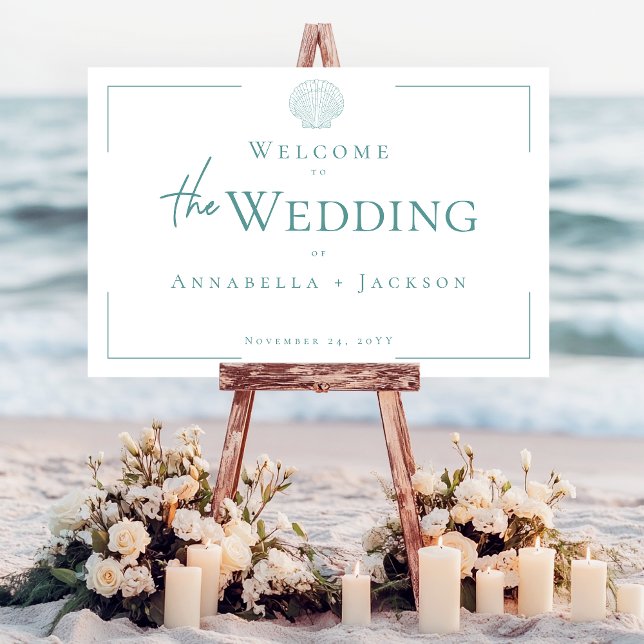 Minimal Typography Aqua & White Seashell Wedding Foam Board (Minimal Typography Aqua & White Seashell Unplugged Foam Board)