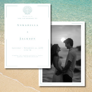 Minimal Typography Aqua White Shell Photo Wedding Invitation