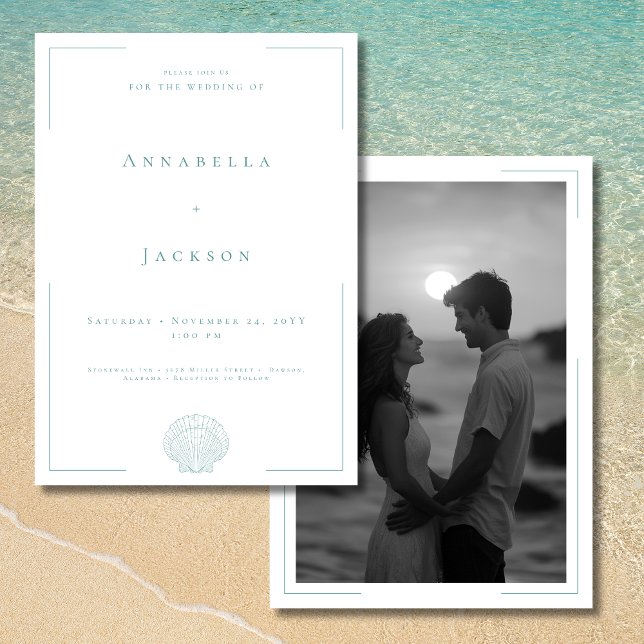 Minimal Typography Aqua White Shell Photo Wedding Invitation (Minimal Typography Aqua White Shell Photo Wedding Invitation)