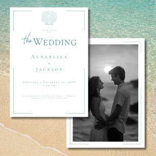 Minimal Typography Aqua White Shell Photo Wedding Invitation