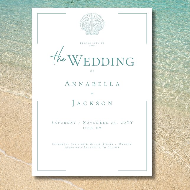 Minimal Typography Aqua & White Shell Wedding Invitation (Minimal Typography Aqua White Shell Wedding Invitation)