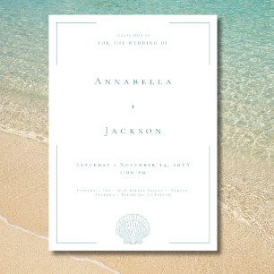 Minimal Typography Aqua & White Shell Wedding Invitation
