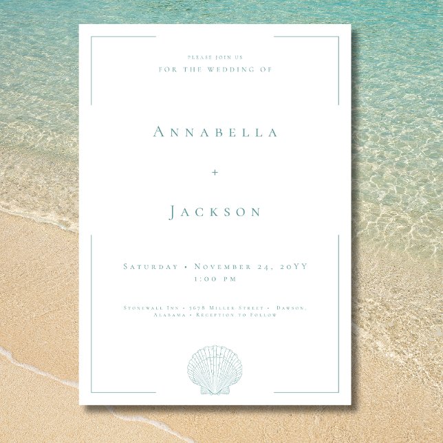 Minimal Typography Aqua & White Shell Wedding Invitation (Minimal Typography Aqua White Shell Wedding Invitation)