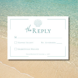 Minimal Typography Aqua & White Shell Wedding RSVP Card