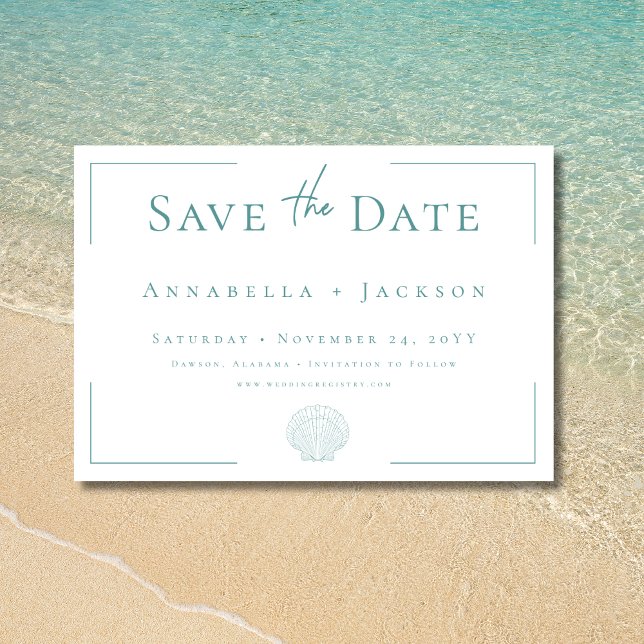 Minimal Typography Aqua & White Shell Wedding Save The Date (Minimal Typography Aqua White Shell Wedding Save The Date)