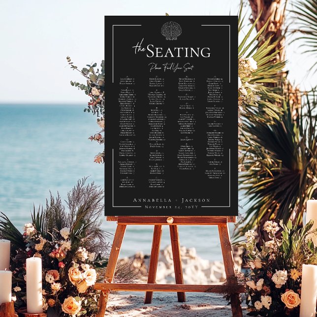 Minimal Typography Black White Seashell Seating Foam Board (Minimal Typography Black & White Shell Wedding Seating Sign)