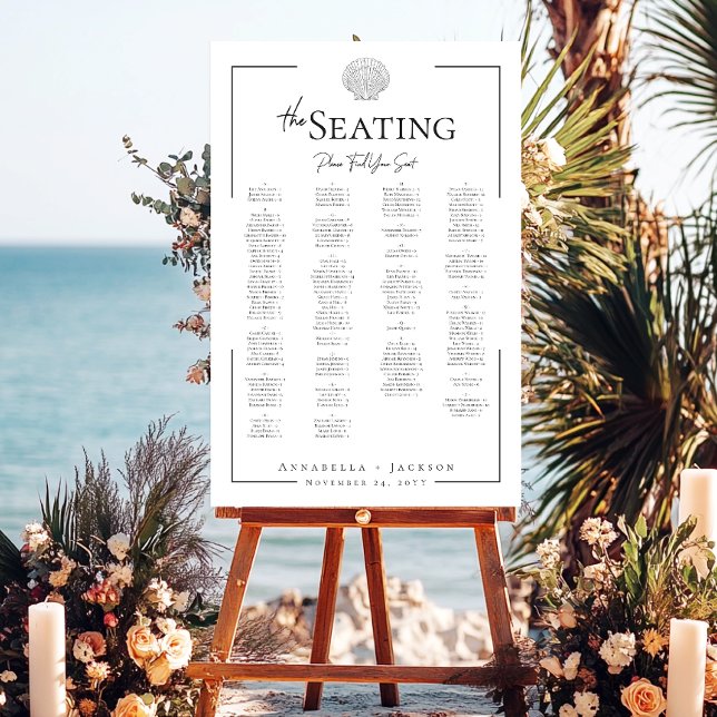 Minimal Typography Black White Seashell Seating Foam Board (Minimal Typography Black & White Shell Wedding Seating Sign)