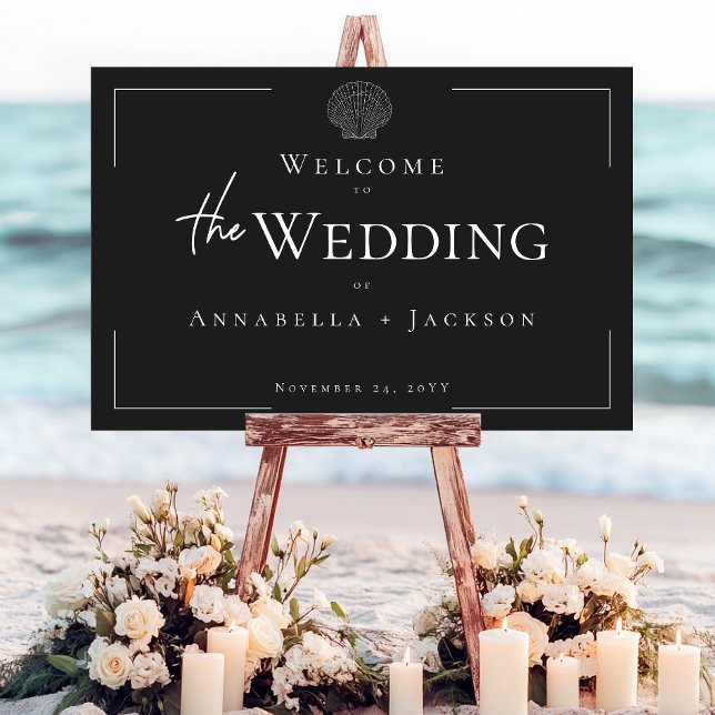 Minimal Typography Black & White Seashell Wedding Foam Board (Minimal Typography Black & White Seashell Wedding Welcome Sign)