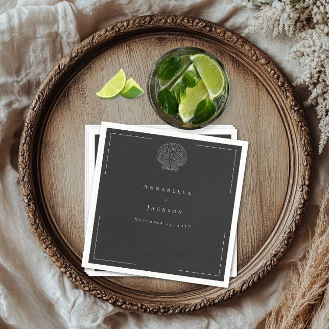 Minimal Typography Black & White Seashell Wedding Napkins (Minimal Typography Black & White Seashell Wedding Napkins)