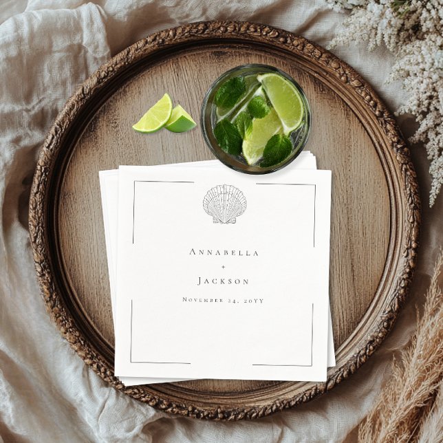 Minimal Typography Black & White Seashell Wedding Napkins (Minimal Typography Black & White Seashell Wedding Cocktail Napkin)