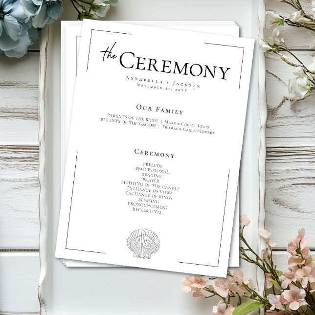 Minimal Typography Black & White Seashell Wedding Program (Minimal Typography Black & White Seashell Wedding Program)