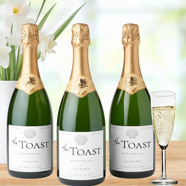 Minimal Typography Black & White Seashell Wedding Sparkling Wine Label (Minimal Typography Black & White Seashell Wedding Sparkling Wine Label)