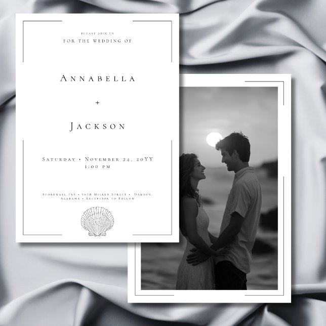 Minimal Typography Black White Shell Photo Wedding Invitation (Creator Uploaded)