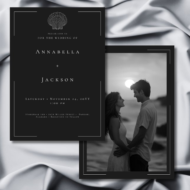 Minimal Typography Black White Shell Photo Wedding Invitation (Minimal Typography Black White Shell Photo Wedding Invitation)