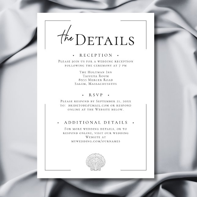 Minimal Typography Black & White Shell Wedding Enclosure Card (Minimal Typography Black & White Shell Wedding Details Enclosure Card)