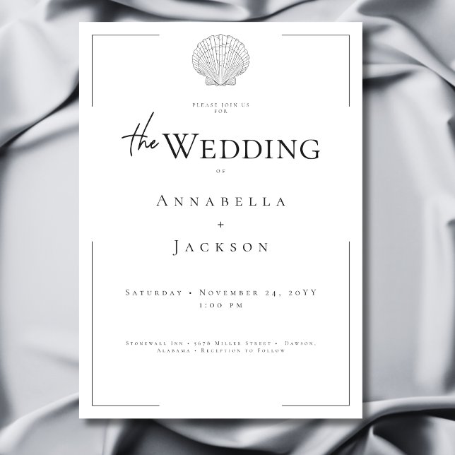 Minimal Typography Black & White Shell Wedding Invitation (Minimal Typography Black & White Shell Wedding Invitation)