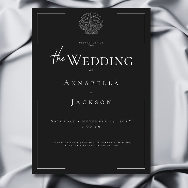 Minimal Typography Black & White Shell Wedding Invitation (Minimal Typography Black & White Shell Wedding Invitation)