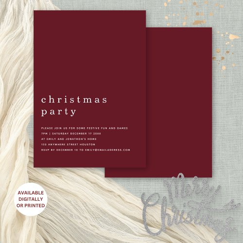Minimal Typography Christmas Party Burgundy Invitation