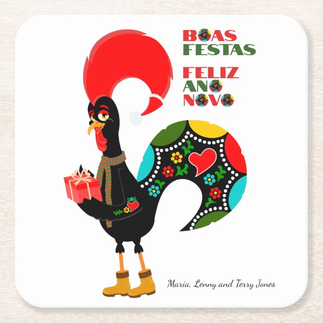 Minimal Typography Christmas Portuguese Greetings Square Paper Coaster (Front)