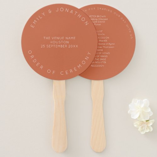 Minimal Typography Terracotta Wedding Program  Hand Fan