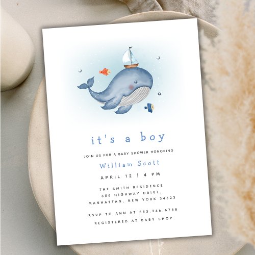 Minimal Under The See Whale Nautica Baby Shower  Invitation