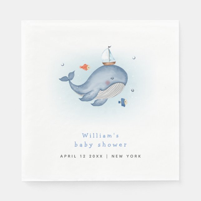 Minimal Under The See Whale Nautica Baby Shower Napkins (Front)