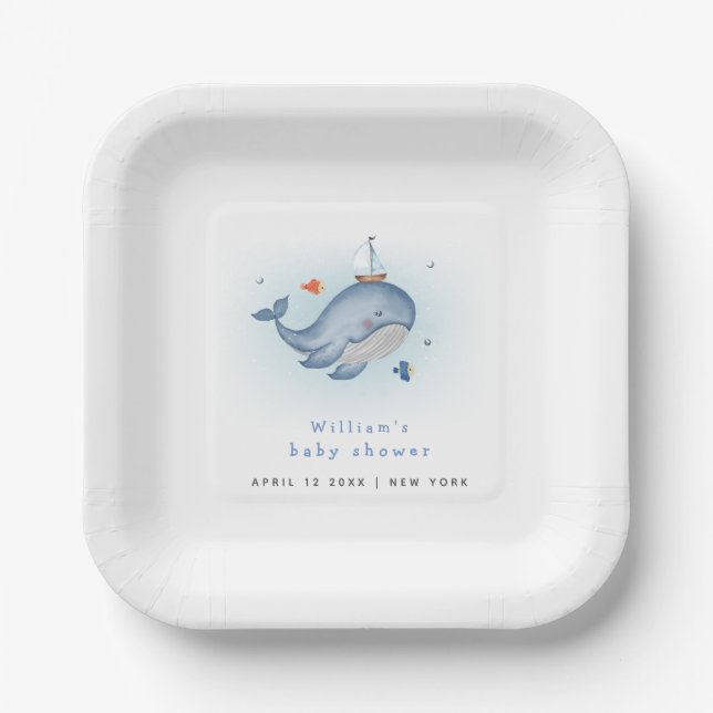 Minimal Under The See Whale Nautica Baby Shower Paper Plates (Front)