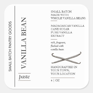 Minimal Vanilla Bean Paste Label, Small Batch Square Sticker