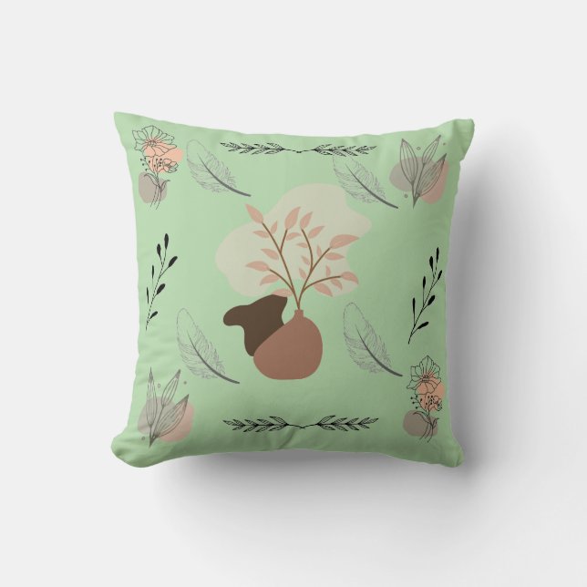 Minimal vase, feathers and floral boho art- throw pillow (Front)