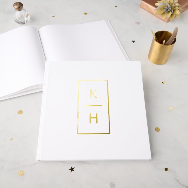 Minimal Vertical Monogram Name and Wedding Date Foil Guest Book (Front Open)