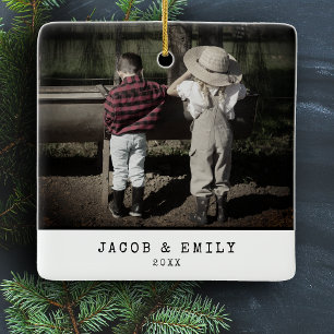 Minimal Vintage One Photo Personalized Christmas Ceramic Ornament