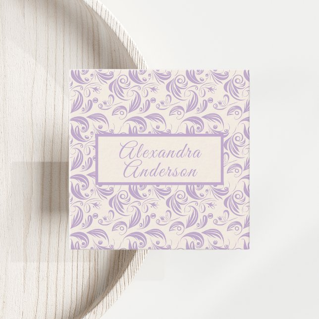 Minimal Violet Lavender Leaves Pattern Script Square Business Card (Minimal Violet Lavender Leaves Pattern Script Square Business Card)