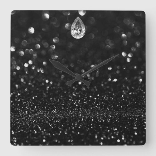 Minimal Vip Black Silver Diamond Graphite Glitter Square Wall Clock