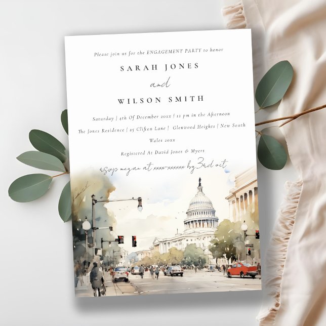 Minimal Washington DC, USA Watercolor Engagement Invitation (Creator Uploaded)
