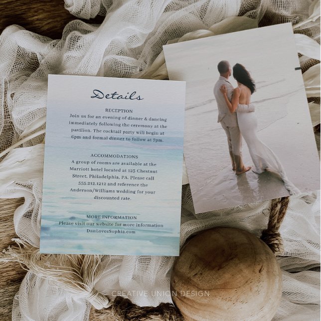 Minimal Watercolor Beach Wedding Details Card (Creator Uploaded)