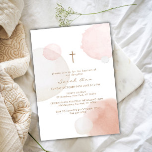 Minimal Watercolor Boho Gold Cross Baptism Invitation