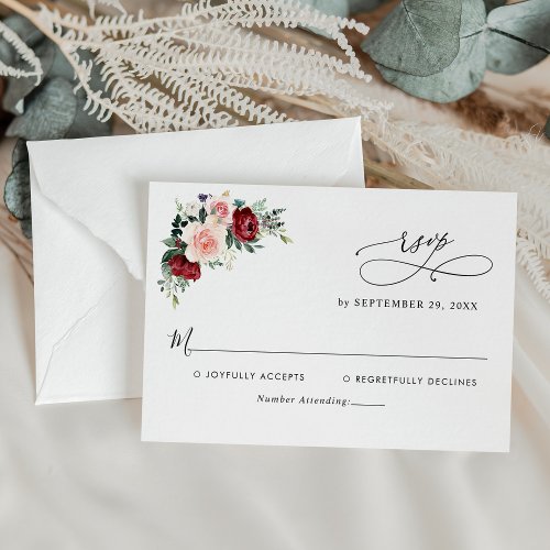Minimal Watercolor Burgundy Blush Flowers Wedding RSVP Card